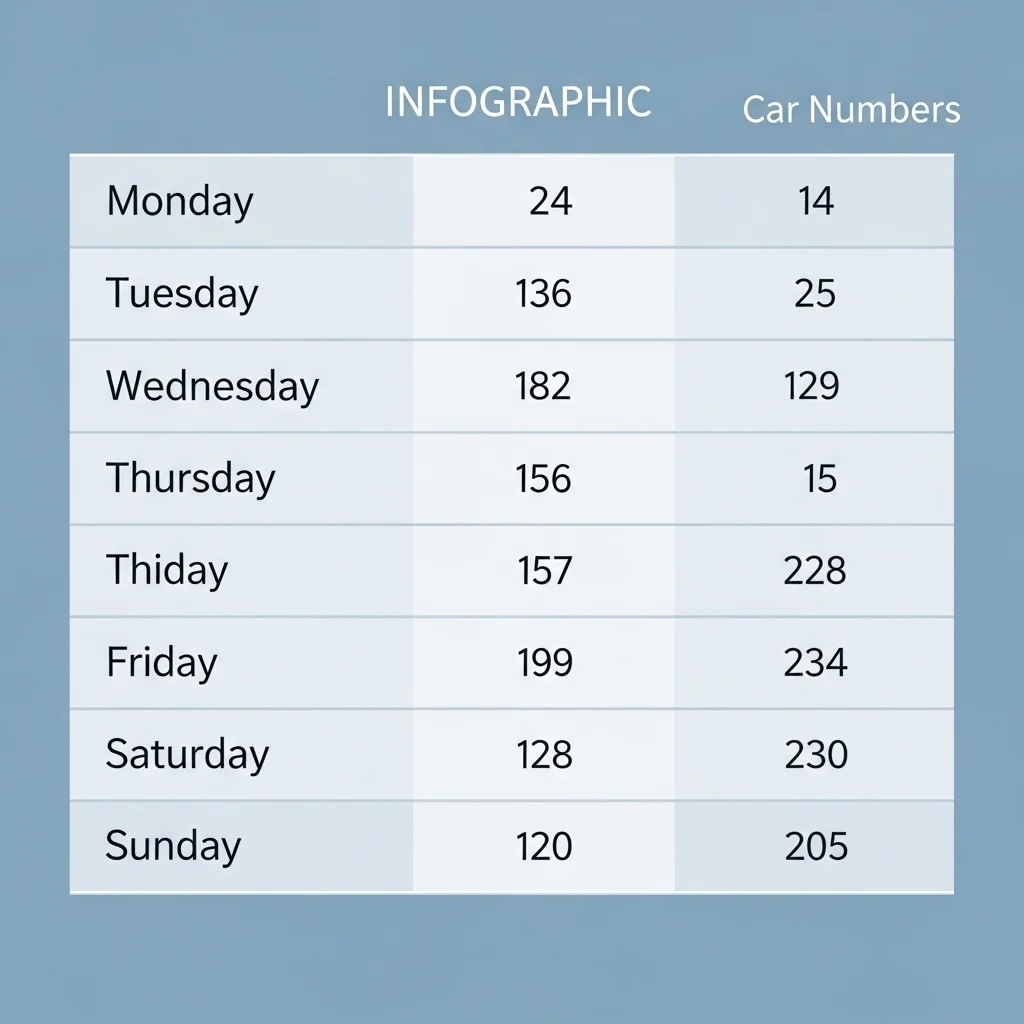 차량 5부제 요일별 끝번호 기준표 (월~금)
